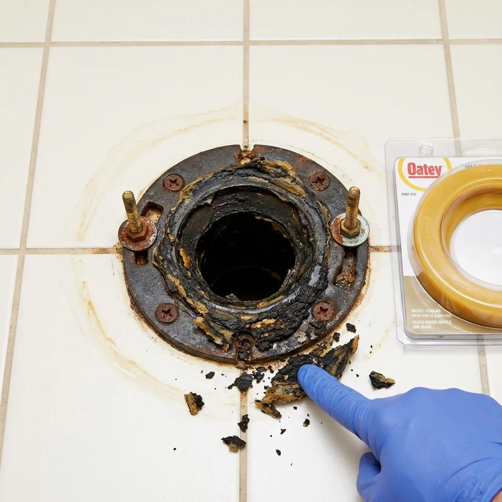 Failed wax ring showing water seepage at the base of a toilet in a Lewisburg, WV home