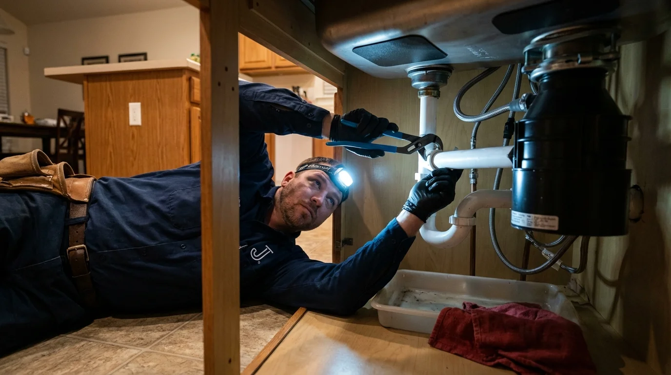P-trap and supply line connections under a kitchen sink showing a common leak point in Lewisburg, WV